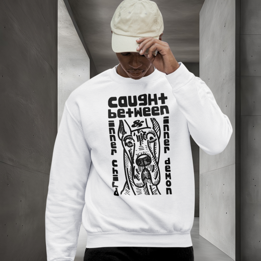 Inner Conflict and Sustainability: Uni Natural "Caught Between" Healing Humor Organic Cotton Sweatshirt │ Caccao