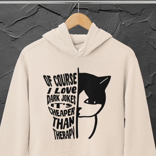 Unisex Funny 'Dark Humor over Therapy' Organic Cotton Hoodie with Cat in High Certified Renewable Quality⎜Caccao