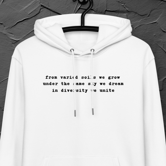 Common Roots, Shared Difference: Poetic 100% Organic Cotton Vegan Hoodie with a Message⎜Caccao