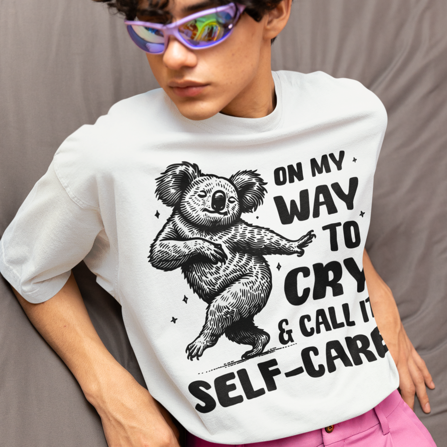 Uni Oversized &amp; Heavy "On My Way to Cry and Call it Self-Care" T-Shirt with Dancing Koala Bear in Vegan Quality⎜Caccao