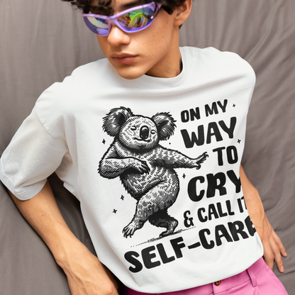 Uni Oversized &amp; Heavy "On My Way to Cry and Call it Self-Care" T-Shirt with Dancing Koala Bear in Vegan Quality⎜Caccao