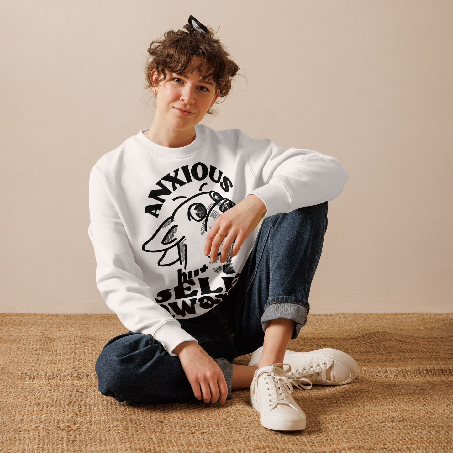 Organic Vegan Sweatshirt with Humor about Anxiety and Self-Awareness