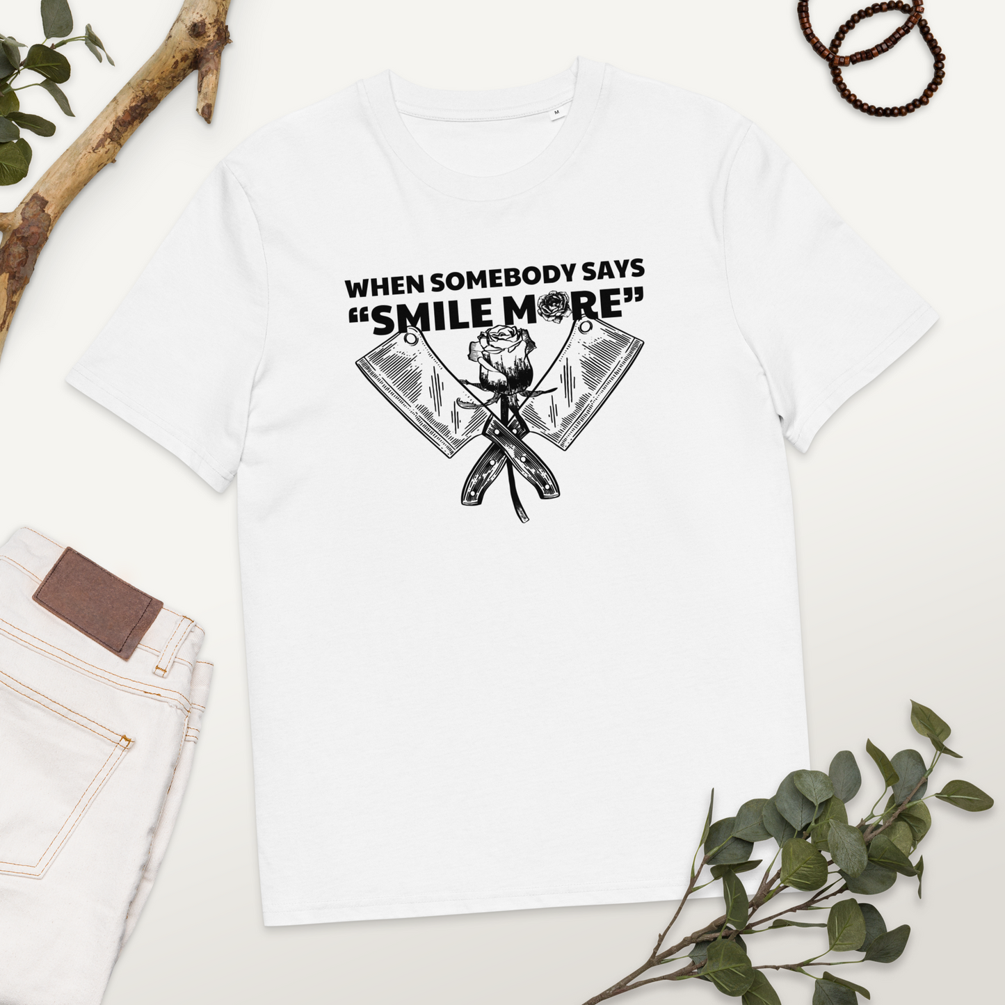 Fem Rage Ecological "Smile More" Organic Cotton T-Shirt in Fair Trade, Slow &amp; Circular Fashion and Vegan Principle │ Caccao